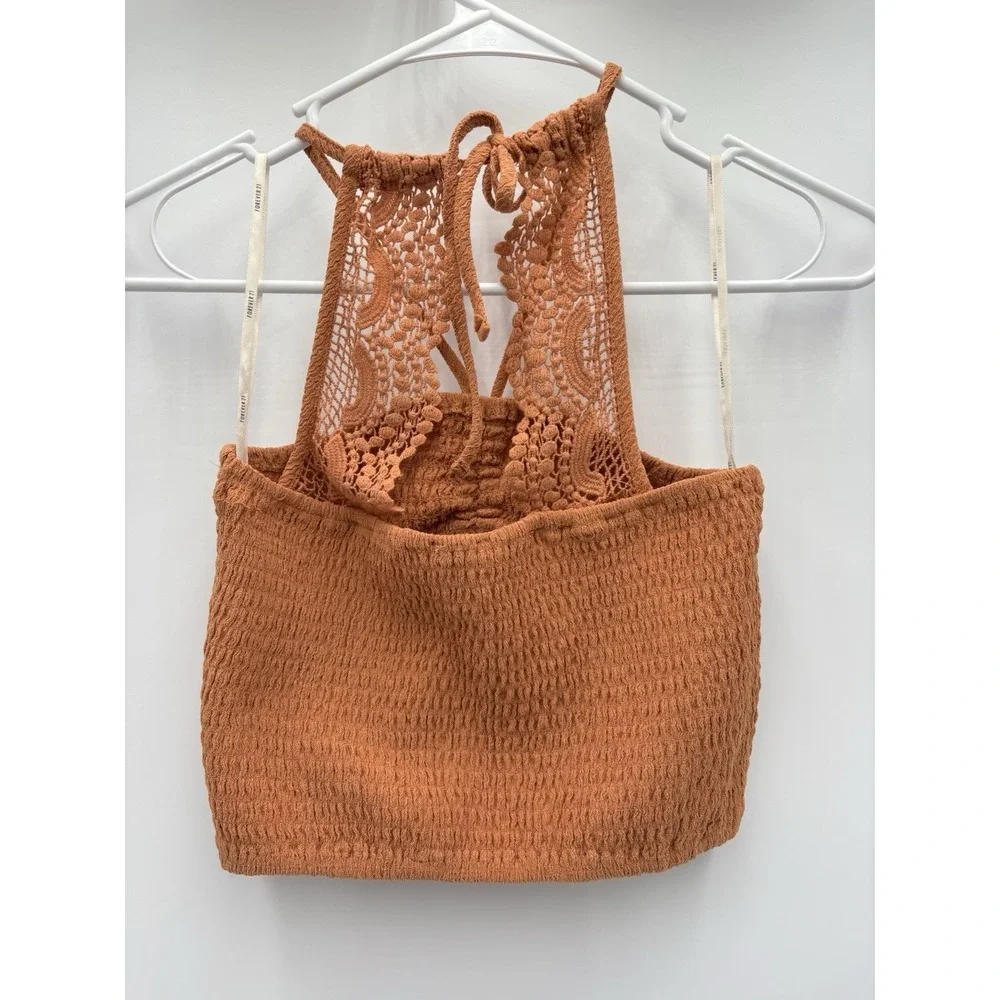 Forever 21 Crochet Lace Back Smocked Crop Top Boho Festival Hippie Brown M NWT - Picture 4 of 7